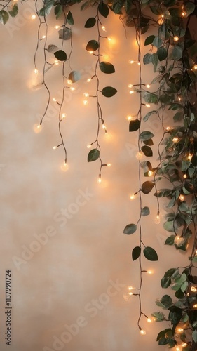 Glowing Abstract hristmas string lights garland creating a festive cozy atmosphere on beige Mocha Mousse New Year background. Vectical format photo