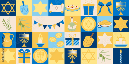 A colorful collage of Jewish symbols and food. The collage is made up of squares and rectangles