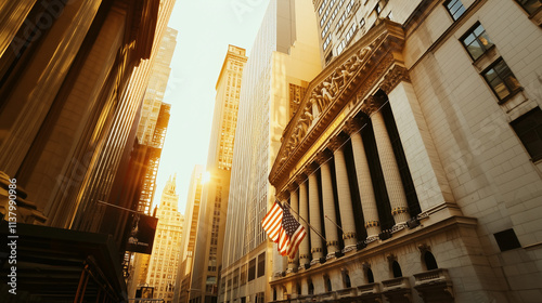 Wall Street financial district with iconic buildings and American flag at sunrise photo