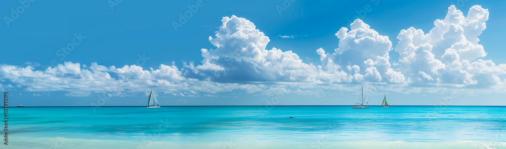 Panoramic view of a turquoise ocean with distant sailboats and white clouds. This scene would be perfect for a summer vacation and travel poster design. Panoramic view of a turquoise ocean with distant sailboats and white clouds. This scene would be perfect for a summer vacation and travel poster design.