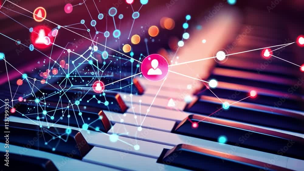 Digital Piano Network:  A futuristic image of a piano keyboard with vibrant, interconnected nodes representing a digital music network.