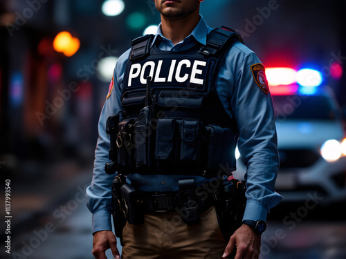 
Police, officer, law enforcement, uniform, vest, duty belt, gun, holster, handcuffs, radio, badge, protection, security, public safety, service, authority, patrol, crime, justice, enforcement, gear,  photo