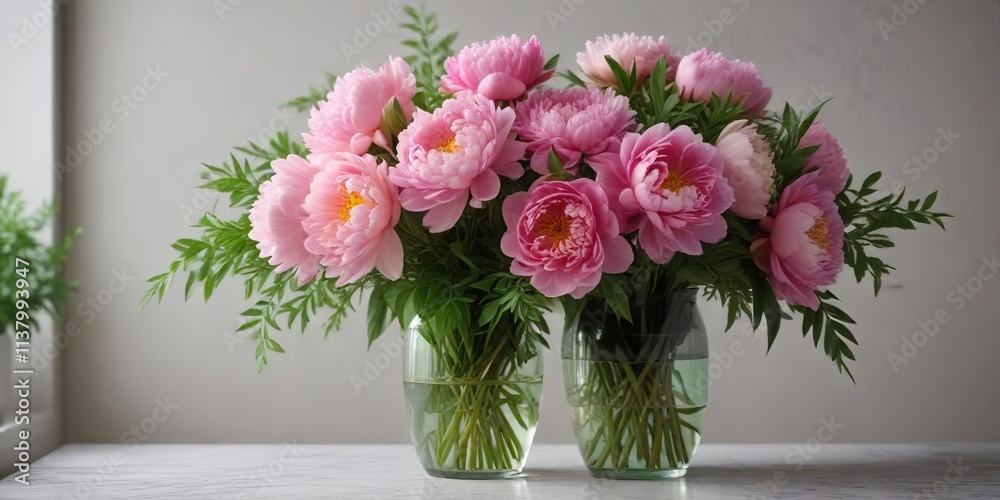 A beautiful arrangement of colorful peonies in a vase filled with fresh greenery, garden flowers, lush displays A beautiful arrangement of colorful peonies in a vase filled with fresh greenery, garden flowers, lush displays