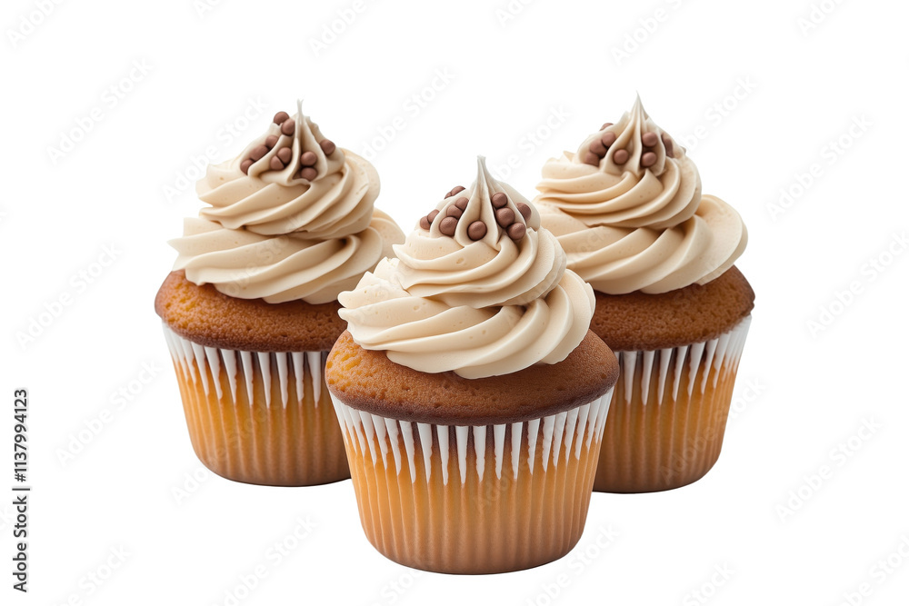 Cupcakes with swirled frosting and chocolate sprinkles, three delicious treats, golden brown base, creamy beige frosting, decorative toppings, isolated on transparent background, png Cupcakes with swirled frosting and chocolate sprinkles, three delicious treats, golden brown base, creamy beige frosting, decorative toppings, isolated on transparent background, png