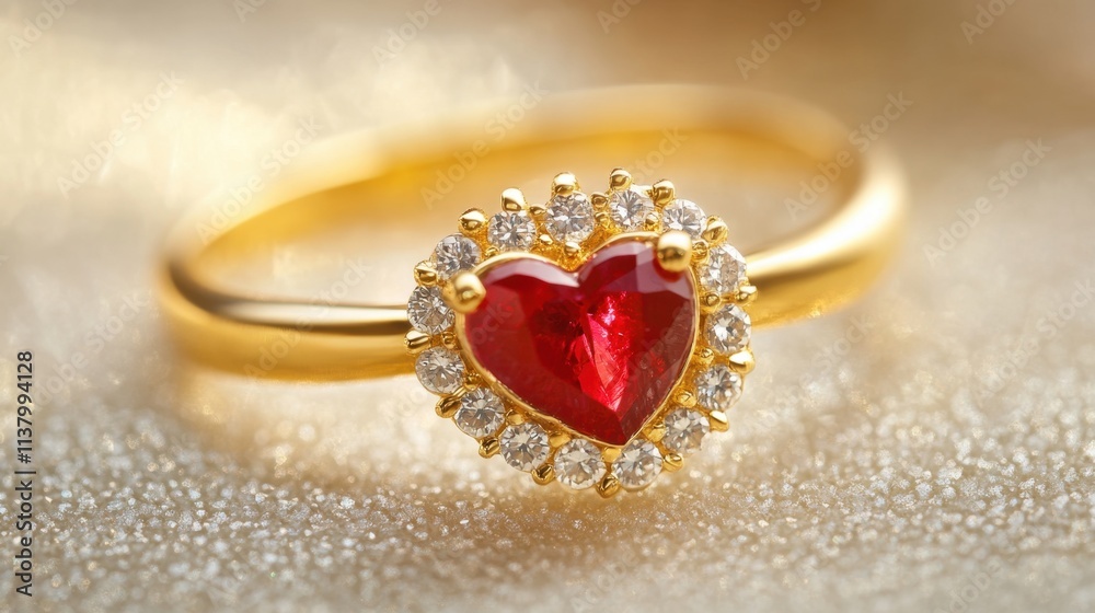 Elegant Heart-Shaped Ruby Ring with Golden Band and Diamonds Elegant Heart-Shaped Ruby Ring with Golden Band and Diamonds