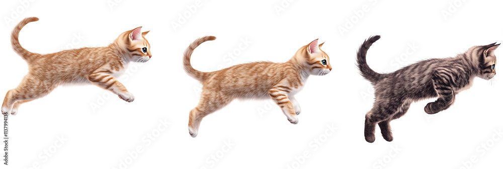 Obraz premium Kittens jumping in mid-air, showcasing playful movement and agility. Three adorable kittens, two orange tabbies and one gray tabby, captured in dynamic poses., isolated on transparent background, png