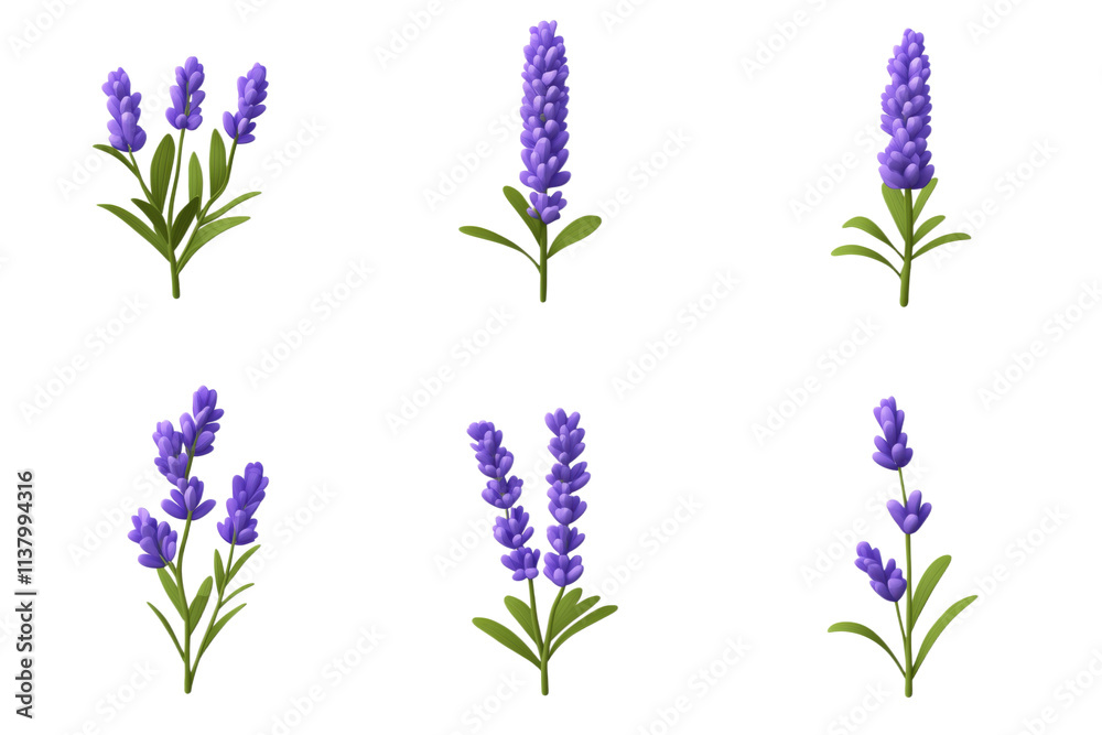 Fototapeta premium Lavender flowers collection, six stylized lavender plants with purple blooms and green leaves, arranged in a grid pattern., isolated on transparent background, png
