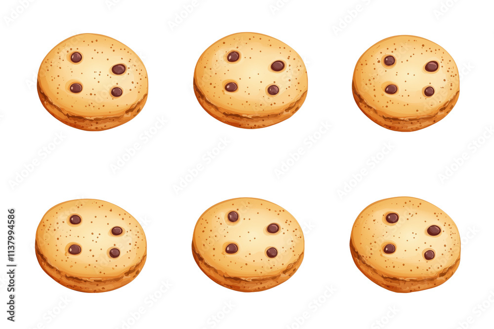 Chocolate chip cookies, six delicious cookies with chocolate chips, golden brown, soft texture, sweet treat, dessert, isolated on transparent background, png Chocolate chip cookies, six delicious cookies with chocolate chips, golden brown, soft texture, sweet treat, dessert, isolated on transparent background, png