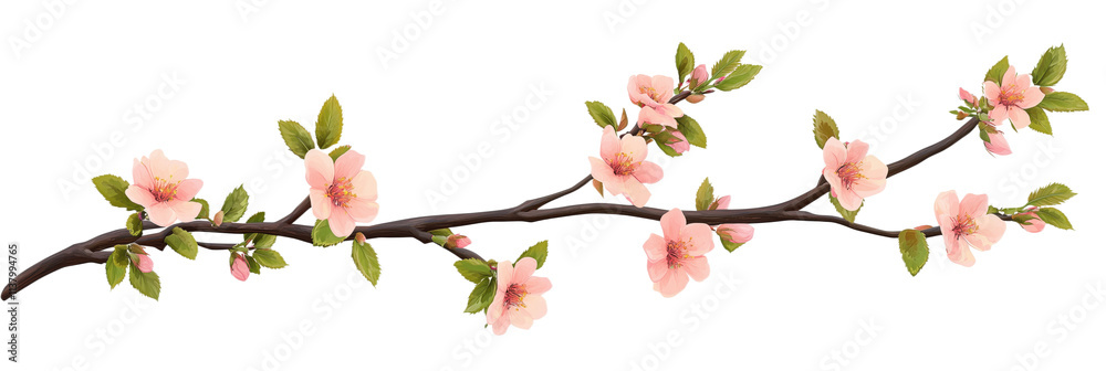 Cherry blossom branch with pink flowers and green leaves, delicate floral arrangement, nature-inspired design, isolated on transparent background, png Cherry blossom branch with pink flowers and green leaves, delicate floral arrangement, nature-inspired design, isolated on transparent background, png