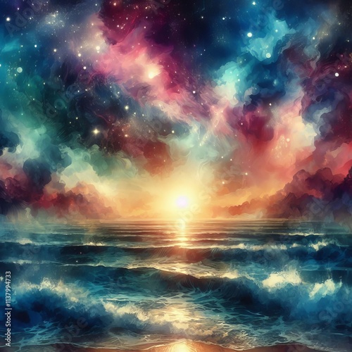 Cosmic Ocean Breeze Dreamy watercolor of a nebula inspired ocean photo