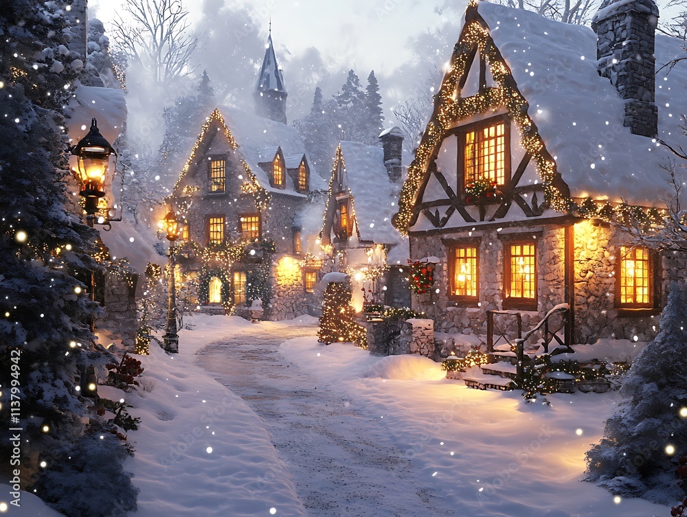 Christmas Village Scene With Snow And Glowing Windows Christmas Village Scene With Snow And Glowing Windows