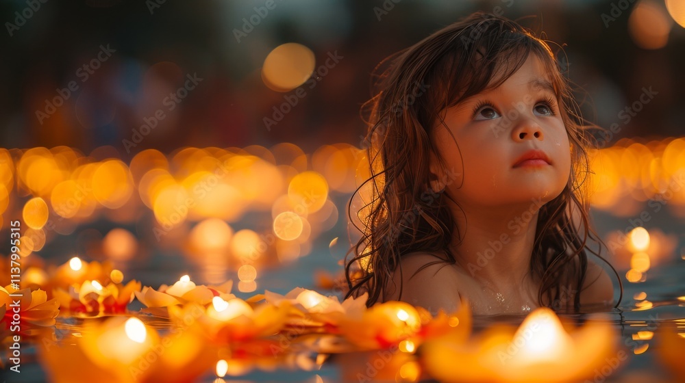 Loy Krathong Festival. Children are captivated by enchanting spectacle of lights and the festive atmosphere, their eyes wide with wonder as they watch the krathongs float away. Loy Krathong Festival. Children are captivated by enchanting spectacle of lights and the festive atmosphere, their eyes wide with wonder as they watch the krathongs float away.