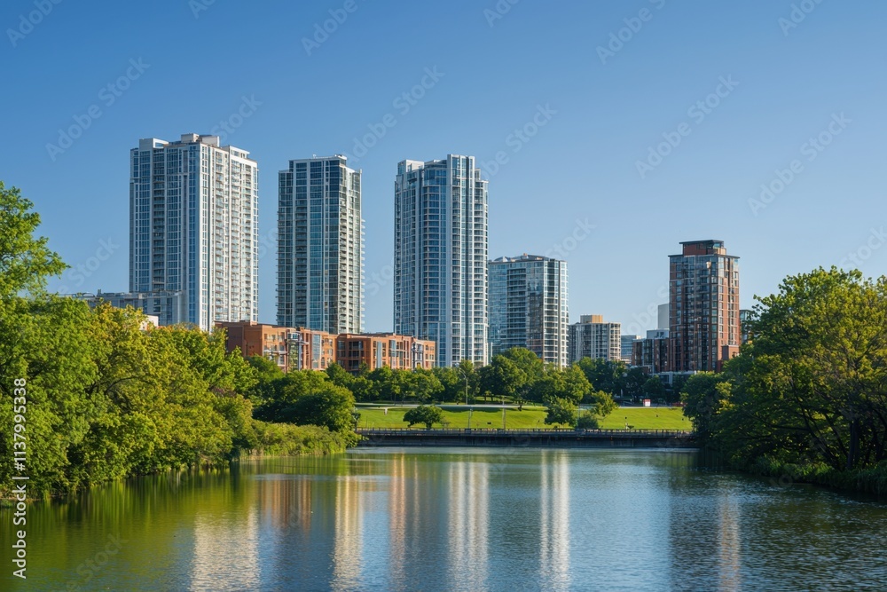 Urban real estate development a stunning view of highrise residential buildings by the river in a vibrant city skyline showcasing modern architecture and lush greenery Urban real estate development a stunning view of highrise residential buildings by the river in a vibrant city skyline showcasing modern architecture and lush greenery