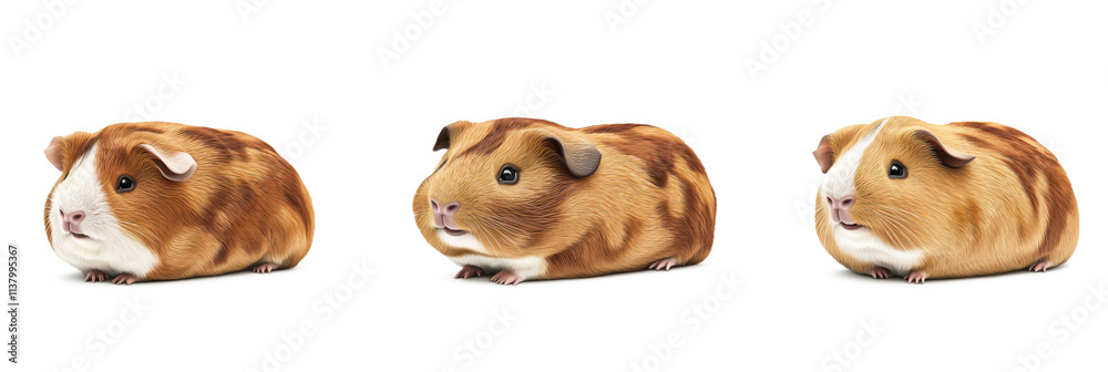 Obraz premium Guinea pigs in various poses, three adorable guinea pigs with brown and white fur, showcasing different expressions and angles, cute and fluffy, isolated on transparent background, png