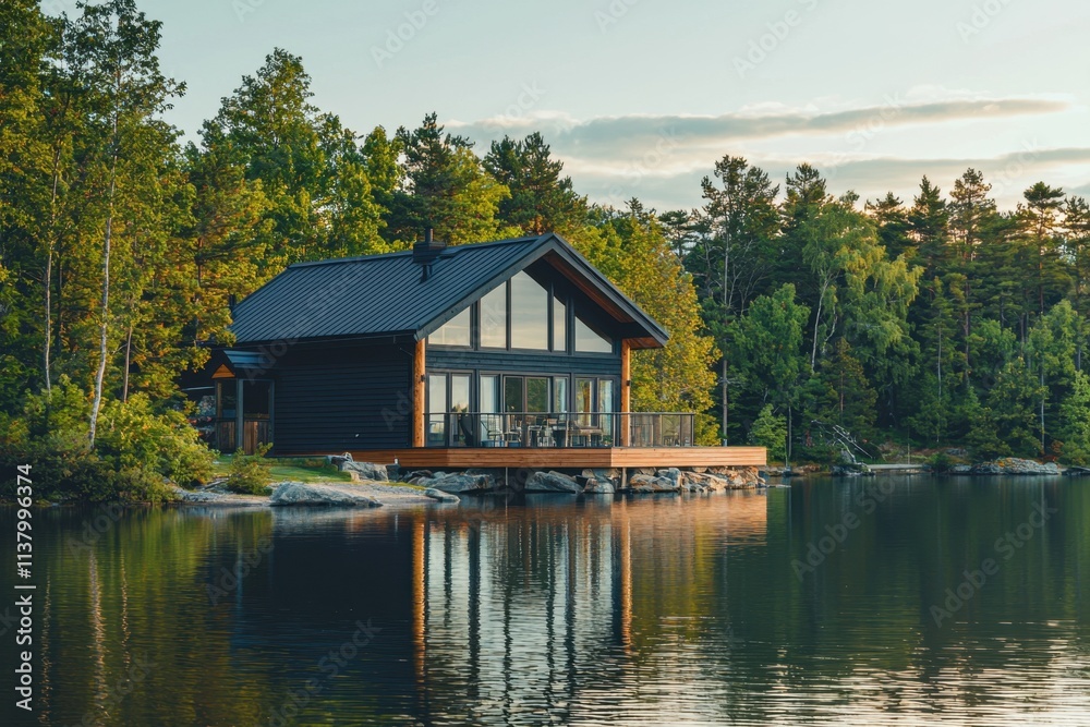 Fototapeta premium Charming lakefront cabin retreat for sale serene lakeside location real estate listing nature-inspired environment inviting viewpoint ideal getaway concept