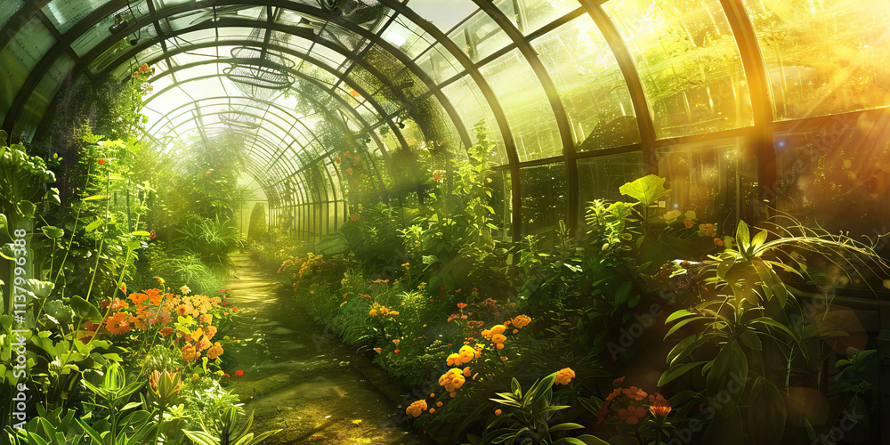 Interior View of a Greenhouse with Flowering Plants Interior View of a Greenhouse with Flowering Plants