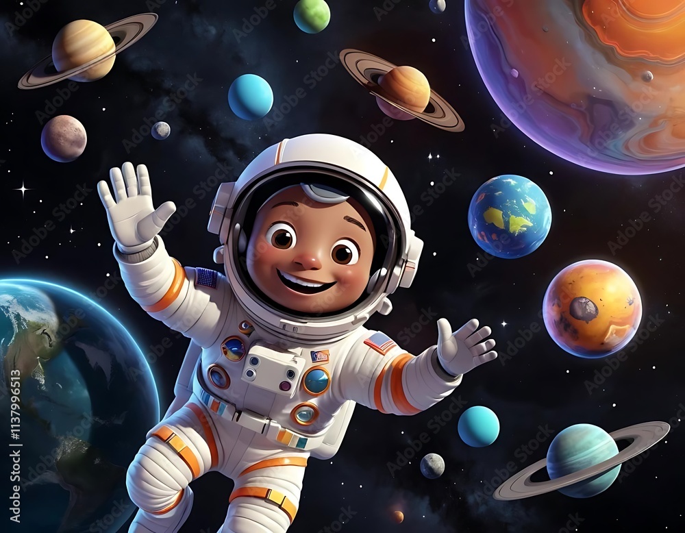 Cheerful Cartoon Astronaut Explores the Cosmos, Generative AI Cheerful Cartoon Astronaut Explores the Cosmos, Generative AI