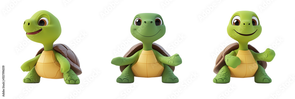 Fototapeta premium Cute cartoon turtles, three cheerful turtle characters with bright green shells and friendly expressions, showcasing different poses and smiles., isolated on transparent background, png