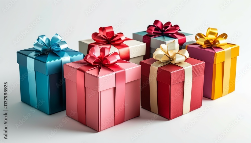 Fototapeta premium colored square gift boxes with ribbons on a white background