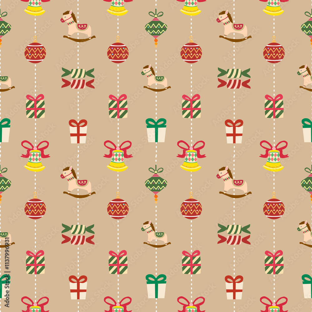 Naklejka premium Kids mobile for Christmas ornament theme on soft golden wallpaper. Seamless pattern.