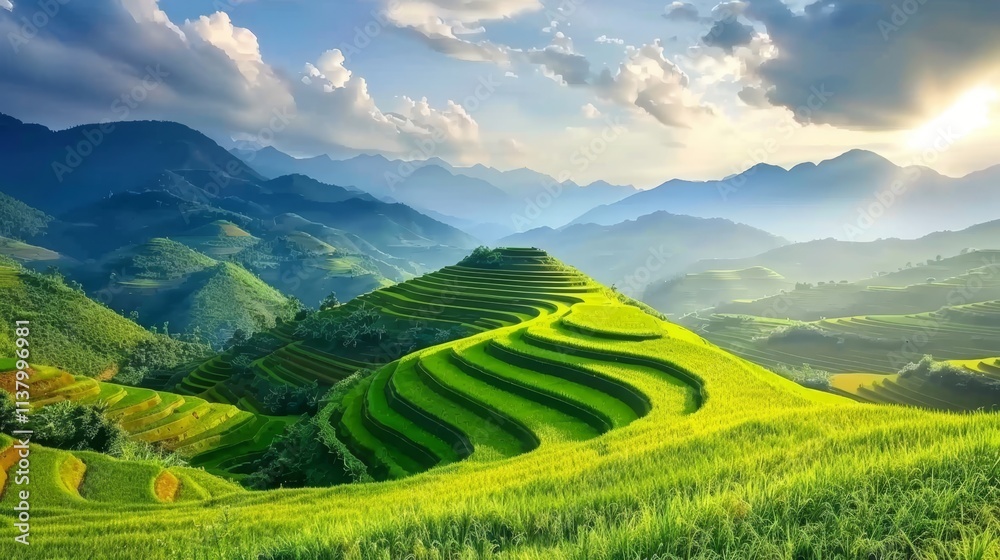 Stunning sunset over mu cang chai rice terraces during harvest season in northern vietnam Stunning sunset over mu cang chai rice terraces during harvest season in northern vietnam