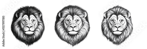 Lion heads illustration, three distinct lion faces with detailed fur and expressions, monochrome design, isolated on transparent background, png photo