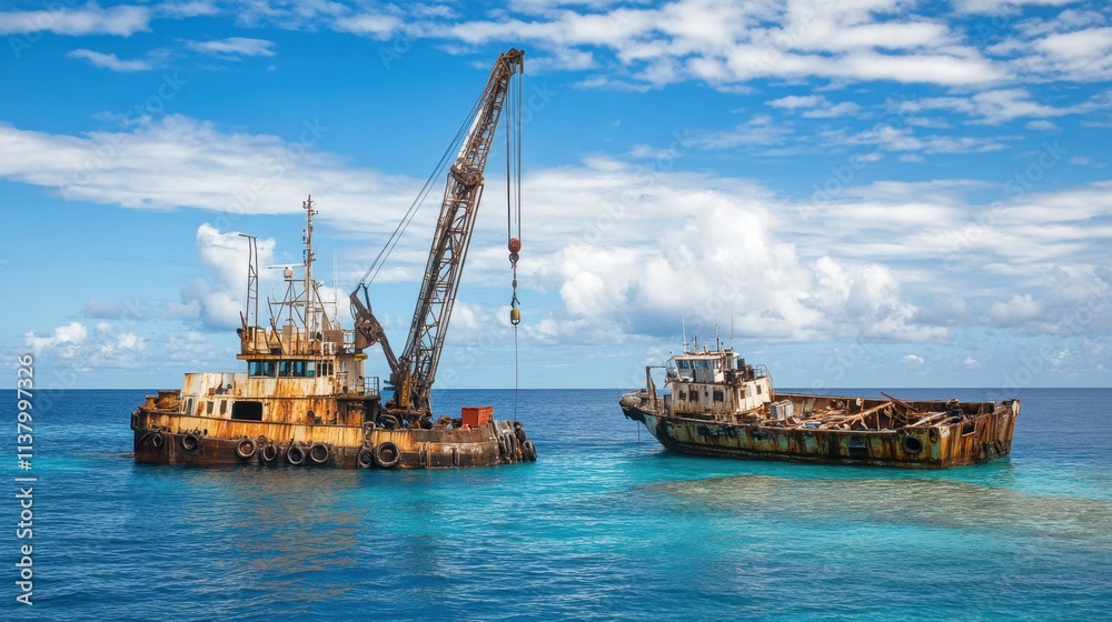 Fototapeta premium Abandoned Rusty Boats in Calm Blue Water Under Bright Sky