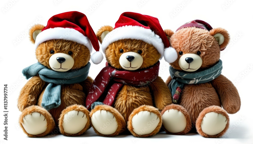3 bears in red caps and scarves are sitting side by side on a white background 3 bears in red caps and scarves are sitting side by side on a white background