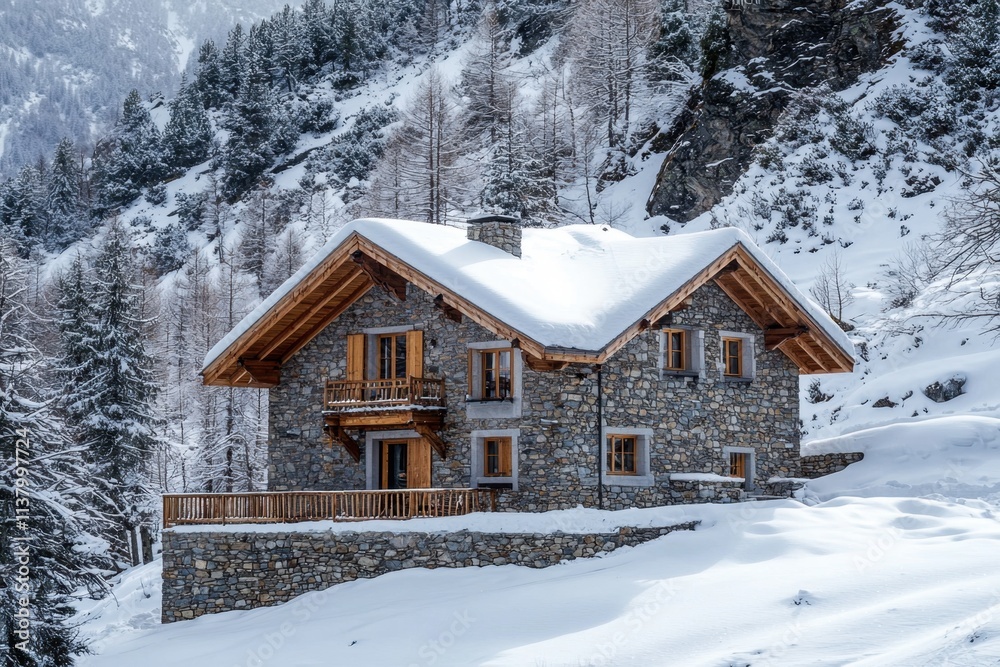 Naklejka premium Charming mountain chalet with stone facade winter wonderland location real estate showcase picturesque snowy landscape elevated viewpoint luxury living concept