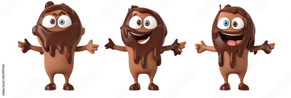 Fototapeta premium Chocolate characters with playful expressions, three cartoonish figures covered in chocolate, smiling and welcoming, vibrant colors, fun design, isolated on transparent background, png