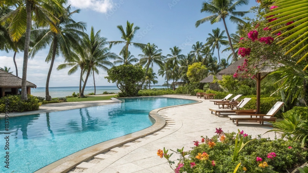 Fototapeta premium Empty swimming pool in tropical resort in summer