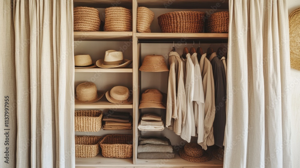 A well-organized built-in wardrobe with casual clothes, a collection of hats, and woven baskets, bordered by soft linen curtains. A well-organized built-in wardrobe with casual clothes, a collection of hats, and woven baskets, bordered by soft linen curtains.