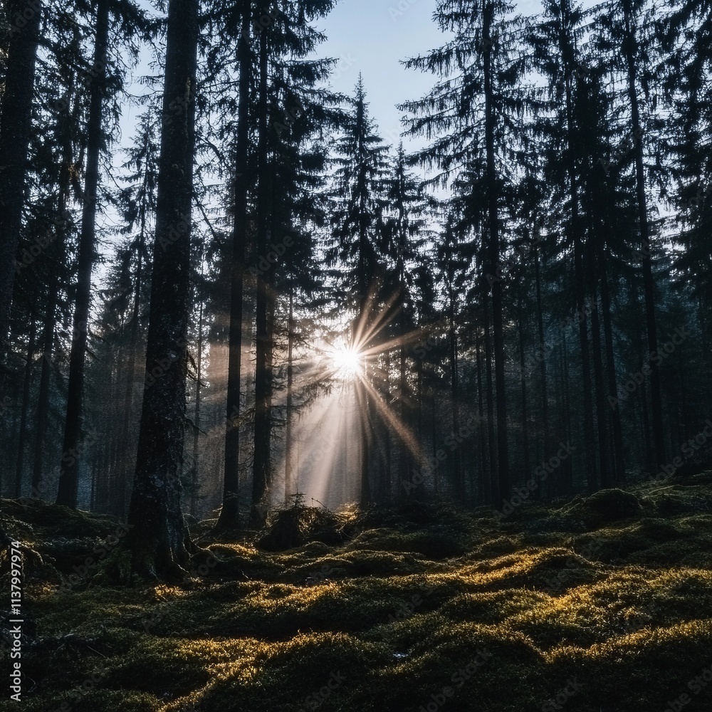 Obraz premium Sunbeams Illuminating a Mystical Evergreen Forest
