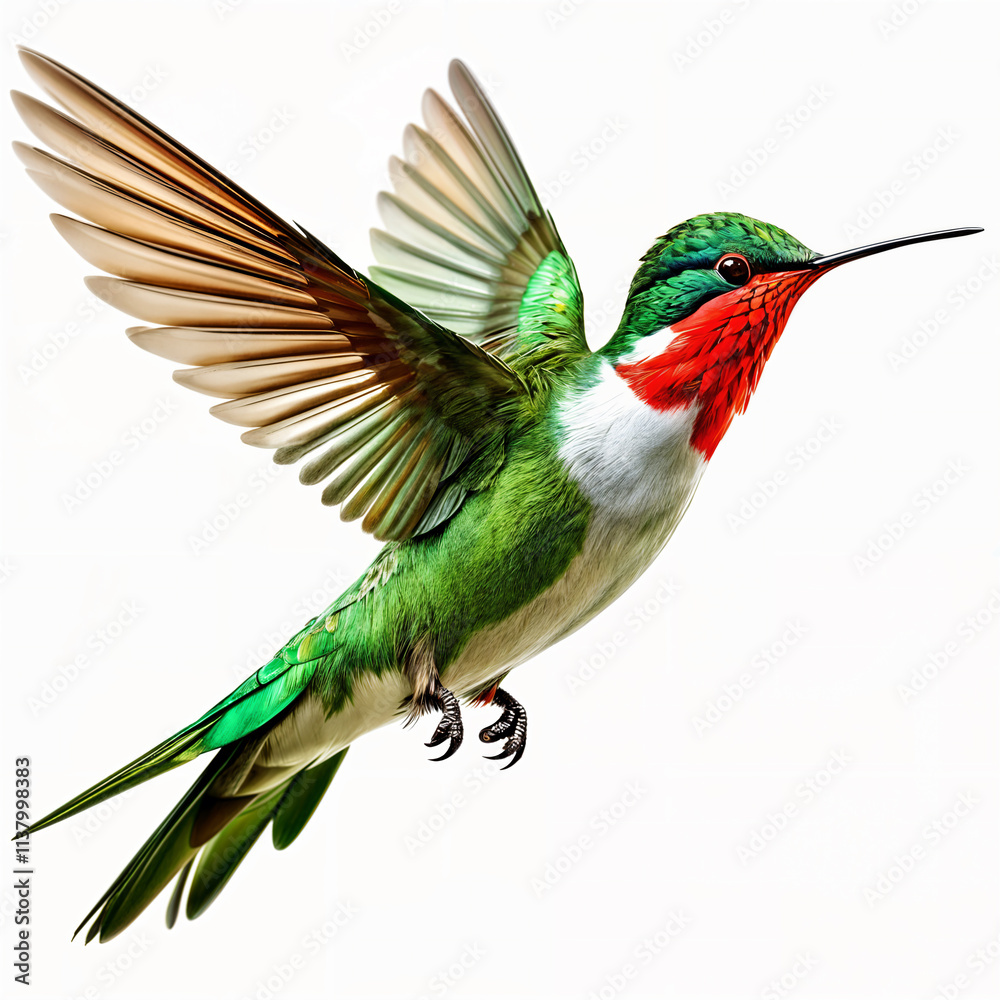 Fototapeta premium A vibrant green and red hummingbird with its wings spread wide, hovering against a white background.