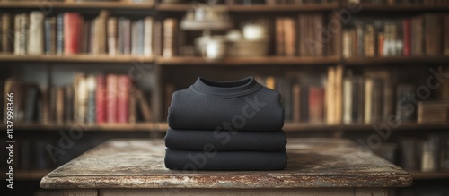 Stacked dark grey turtleneck sweaters on wooden table against a blurred bookshelves background. photo