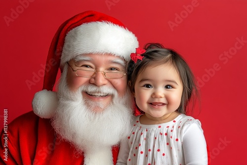 Isolated white baby girl in holiday lap on red background. Gleeful yuletide, gorgeous baby girl! copyspace. Cute kid santa. Santa cute picture. Santa child portrait. Santa christmas theme. photo