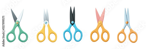 Colorful scissors collection, featuring five distinct pairs in various colors and styles, including green, yellow, black, pink, and orange., isolated on transparent background, png photo