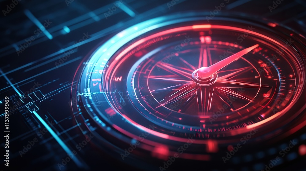 Futuristic compass glowing red and blue on digital background. Futuristic compass glowing red and blue on digital background.