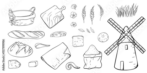 Windmill, wheat ears, empty straw basket and assorted bread hand drawn black white vector isolated. Set of line illustrations for themes of agriculture and flour milling, baking, and organic products.