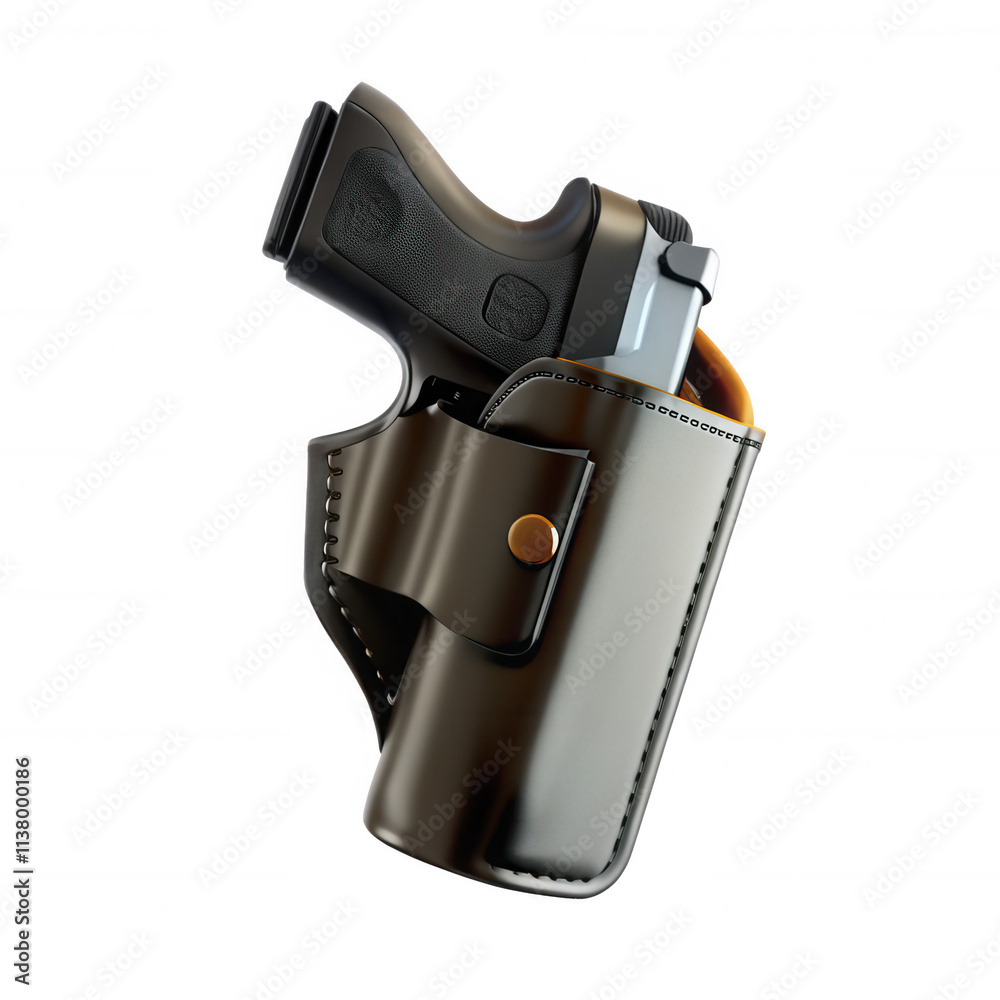 A 3D rendered image of a black handgun in a sleek leather holster, showcasing realistic details of the weapon and holster design. A 3D rendered image of a black handgun in a sleek leather holster, showcasing realistic details of the weapon and holster design.