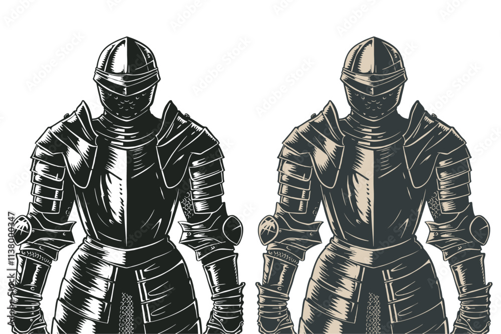 Medieval knight in armor and helmet, engraving style, vector illustration. Medieval knight in armor and helmet, engraving style, vector illustration.