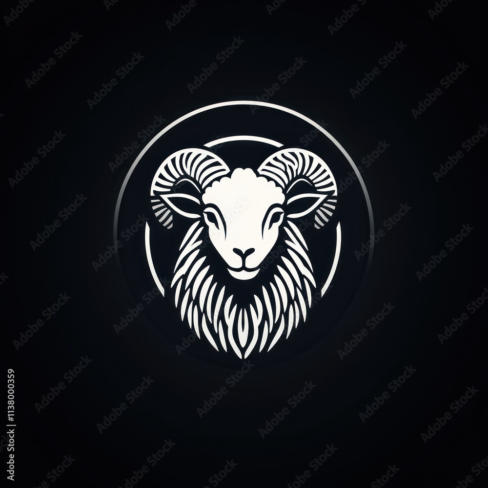 White ram head logo in a circle on black background. White ram head logo in a circle on black background.