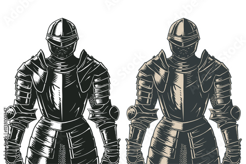 Medieval knight in armor and helmet, engraving style, vector illustration.