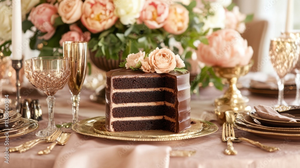 Elegant Chocolate Cake Displayed on a Lavish Dining Table Setting Elegant Chocolate Cake Displayed on a Lavish Dining Table Setting