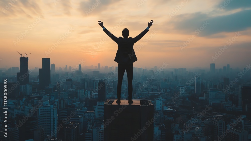 A man in a suit stands with arms outstretched on the top of a building, overlooking a city at sunset. A man in a suit stands with arms outstretched on the top of a building, overlooking a city at sunset.