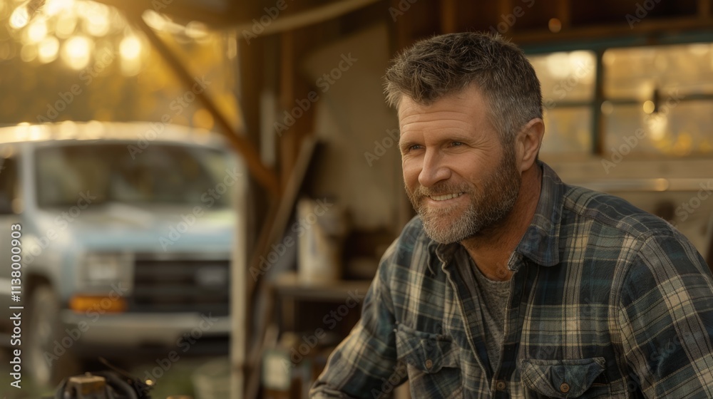 Confident craftsman in plaid shirt smiles in sunlit workshop surrounded by mechanical equipment Confident craftsman in plaid shirt smiles in sunlit workshop surrounded by mechanical equipment