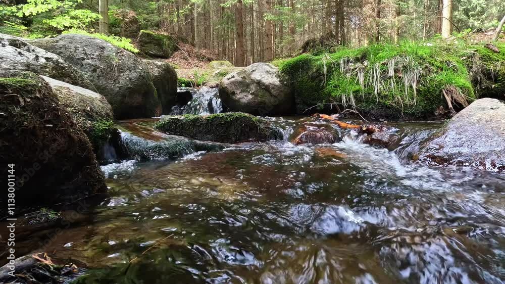 Flow of water in the mountain river Jizera on the border of Poland and the Czech Republic. Close-up