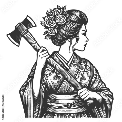 graceful geisha in a floral kimono, holding an axe over her shoulder, blending elegance with strength sketch engraving generative ai vector illustration. Scratch board imitation. Black and white image