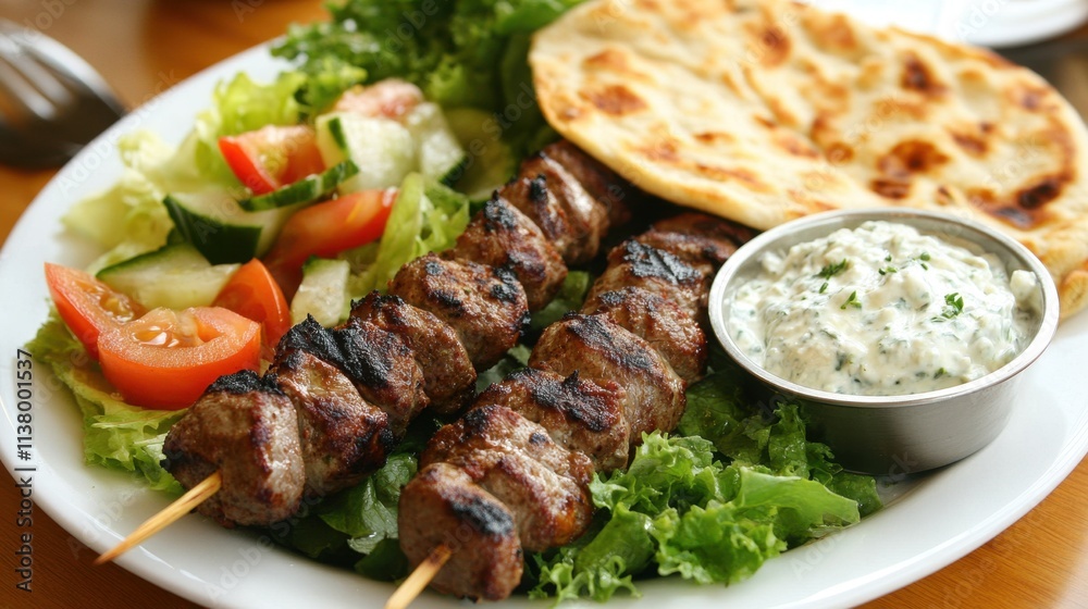 Grilled Meat Skewers with Fresh Vegetables and Flatbread Platter Grilled Meat Skewers with Fresh Vegetables and Flatbread Platter