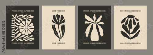 Trendy aesthetic posters with abstract groovy floral shape with flowers and leaves. Simple irregular wild plants. Black and White Naive funky prints for wall art. Boho summer illustrations